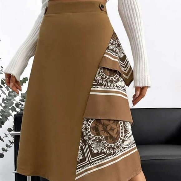 NEW Avant Garde Layered Scarf Asymmetrical Midi Skirt L Posh Preppy Brown - Picture 3 of 8